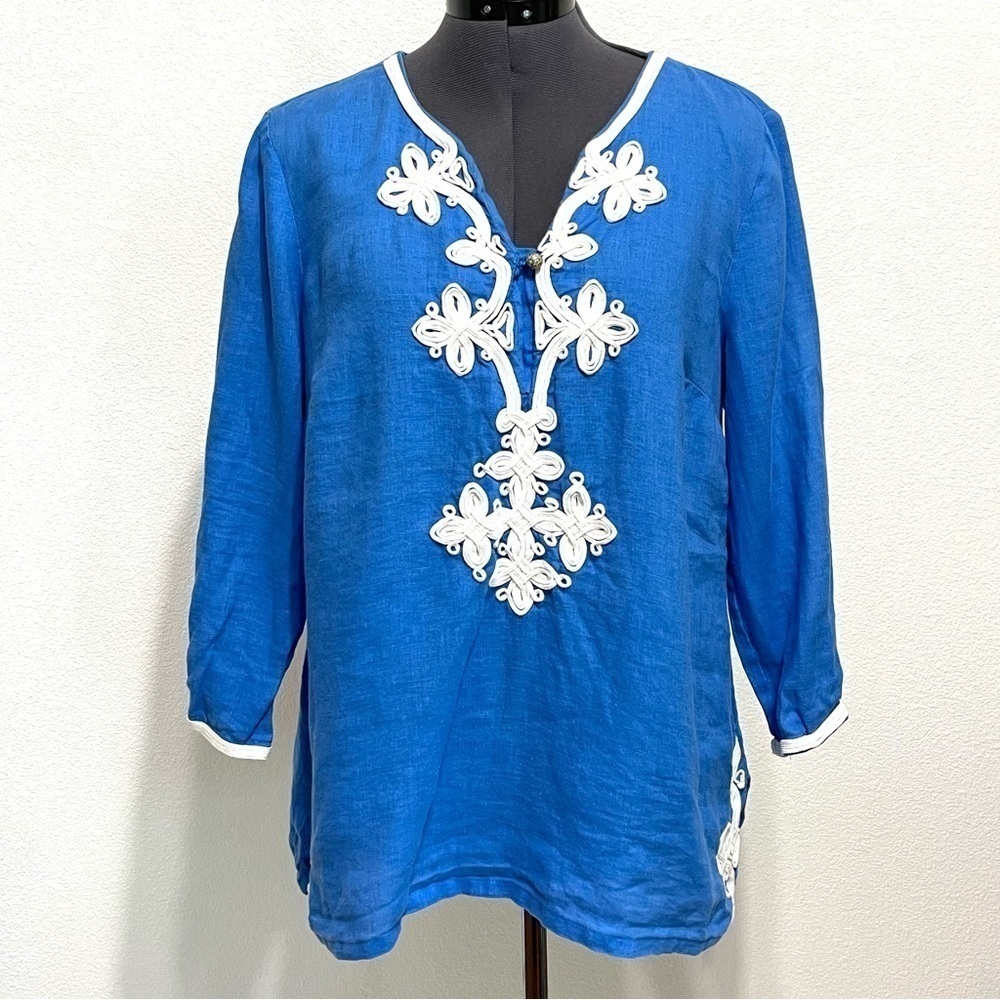 Charter Club Petite100% LINEN Woman Embroidered Tunic Top Size P/M